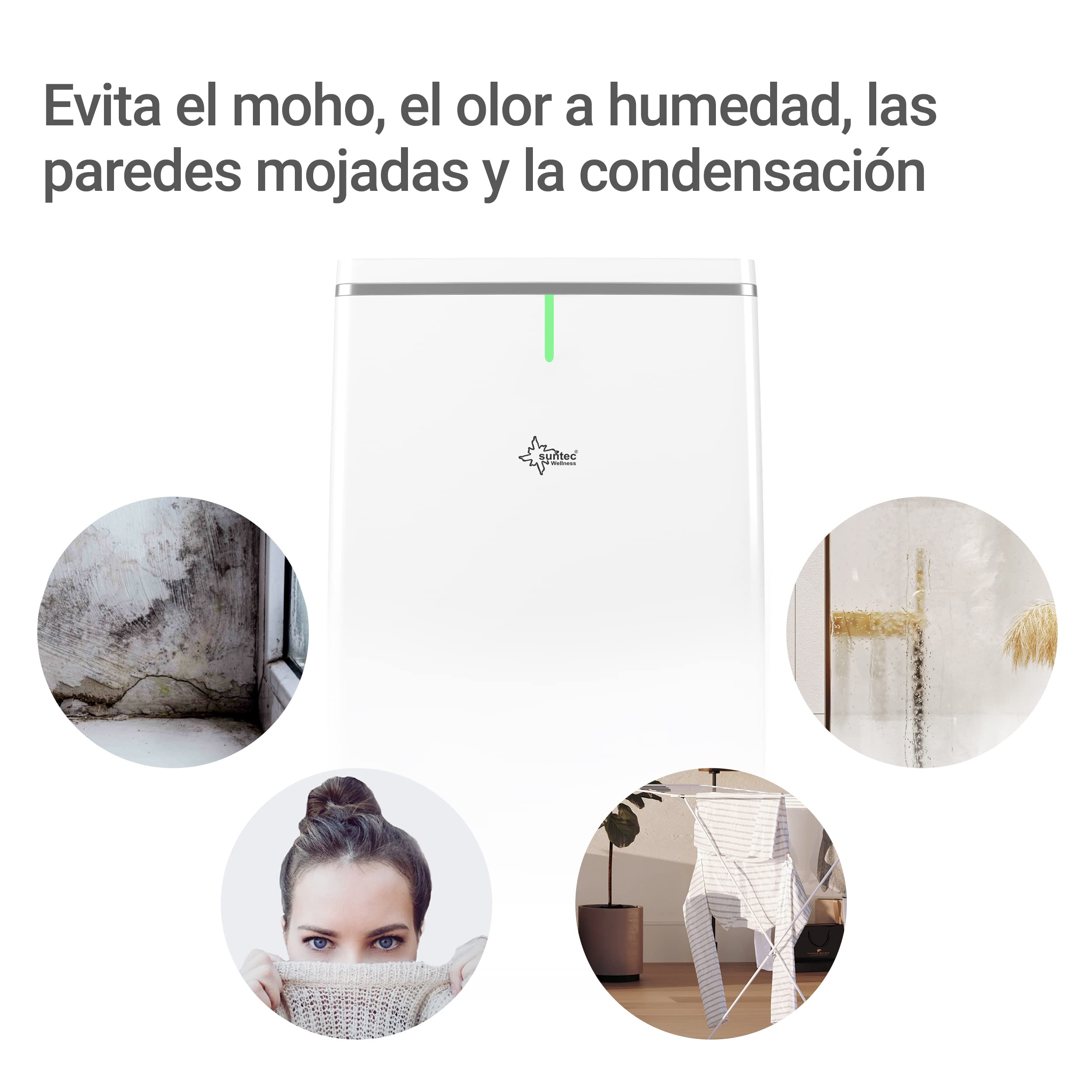 Deshumidificador de aire SUNTEC DryFix Lumio | Para espacios de hasta 63 m2 o 150 m3 | Deshumidificador 20 l/día | Deshumidificador – purificador de aire – secador de ropa 3 en 1 | Móvil y eléctrico