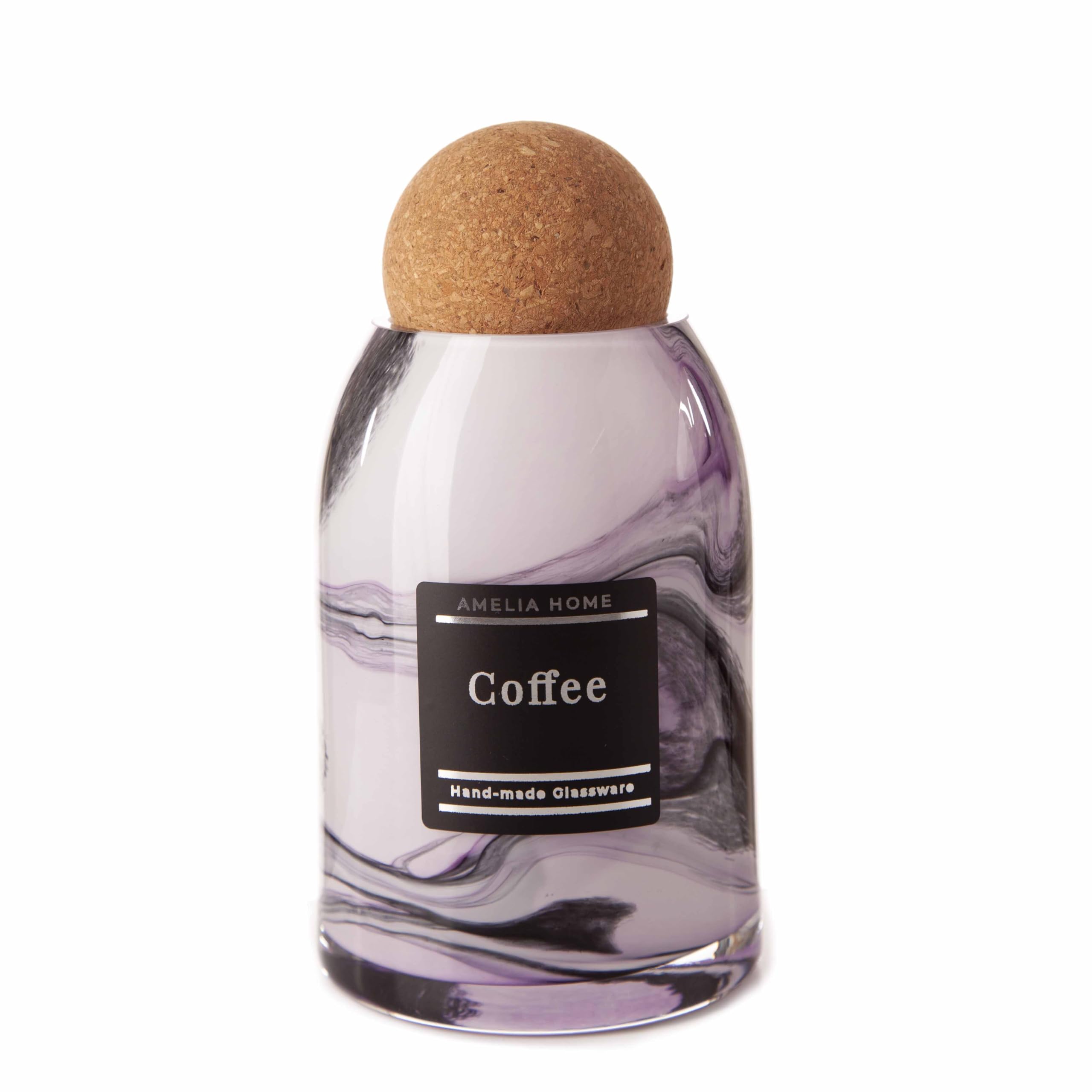 Mouth Blown Glass Storage Jar with Cork Ball Lid, Decorative Kitchen Container - Purple Moon