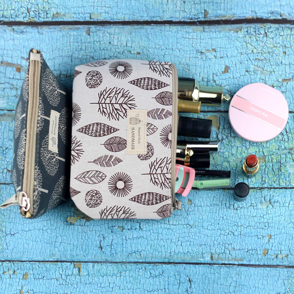 Kimoli 2 Pcs Canvas Cosmetic Bags, Printed Makeup Bag, Multi-Function Travel Toiletry Case, Coin Pouch Purse