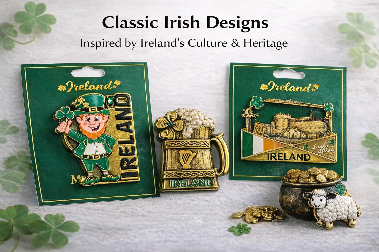 Set di 6 calamite da frigorifero in metallo smaltato, design irlandese, leprechaun Dublino Shield, boccale da birra, autobus fortunato, souvenir (magnete6)
