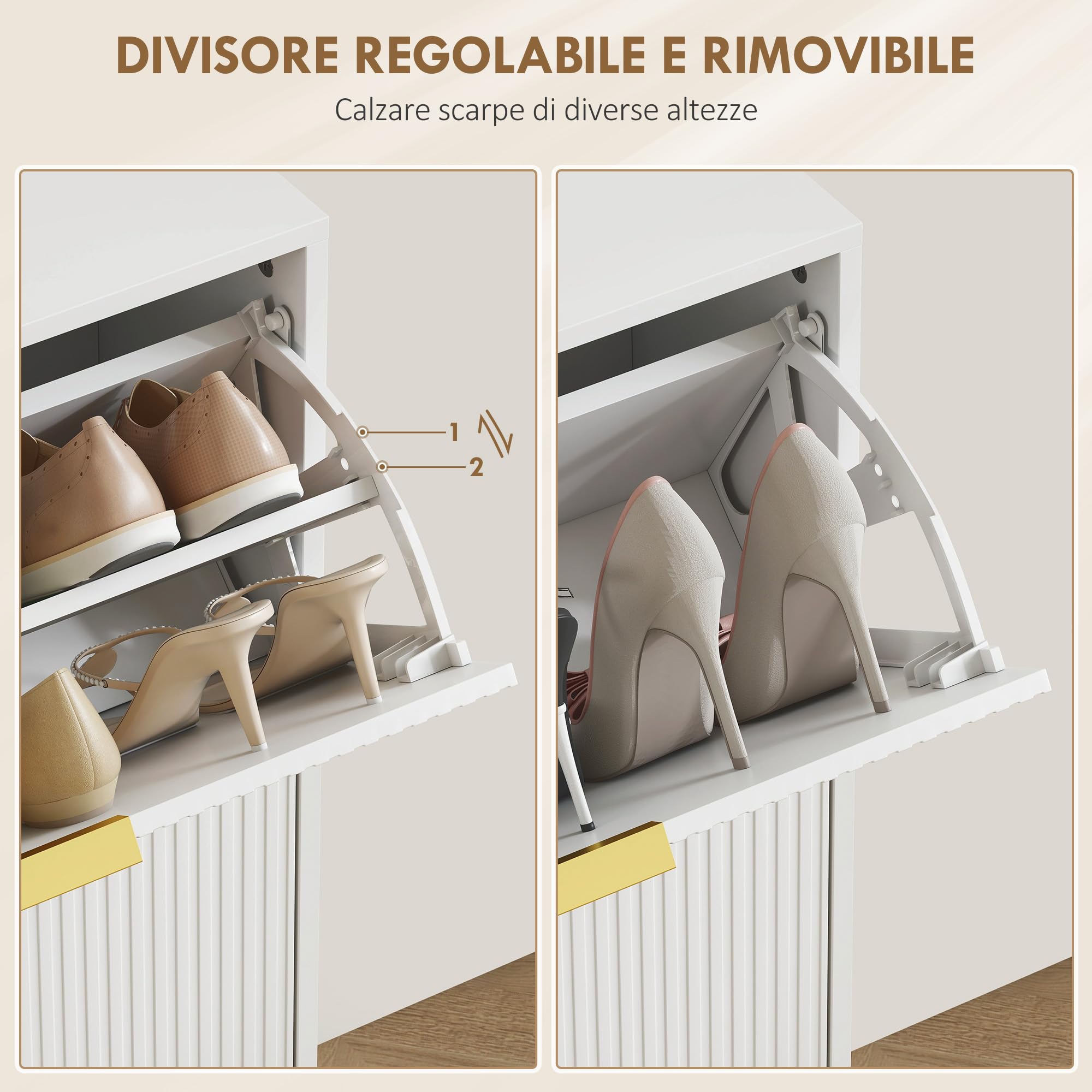 HOMCOM Scarpiera Salvaspazio Slim con 2 Ante Scanalate a Ribalta, Scarpiera Ingresso Moderna in Legno con Ripiani Regolabili su 2 Livelli, Porta Scarpe per 12 Paia con Maniglia, 60x24x91.5 cm, Bianco