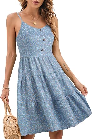 YATHON Sundresses for Women Casual Summer Beach Sleeveless Spaghetti Strap Dress Button Down Ruffle Flowy Pleated Dresses