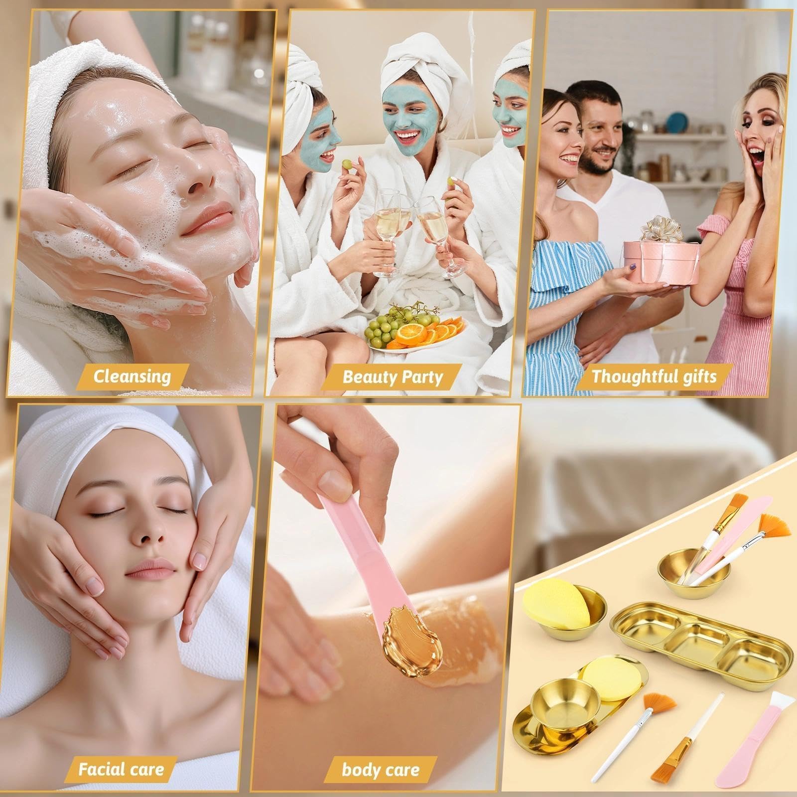 29-Piece Gold Facial Skincare Tools Set with Bowls, Brushes and Sponges