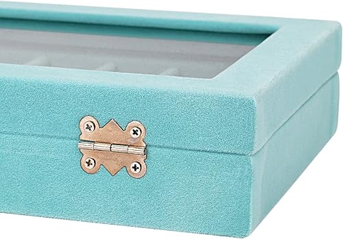 Miniatura 6 de GSLSTGS Caja de almacenamiento de joyería de cristal de terciopelo para anillos aretes caja de joyería estuche para anillos 2 cierres azul claro