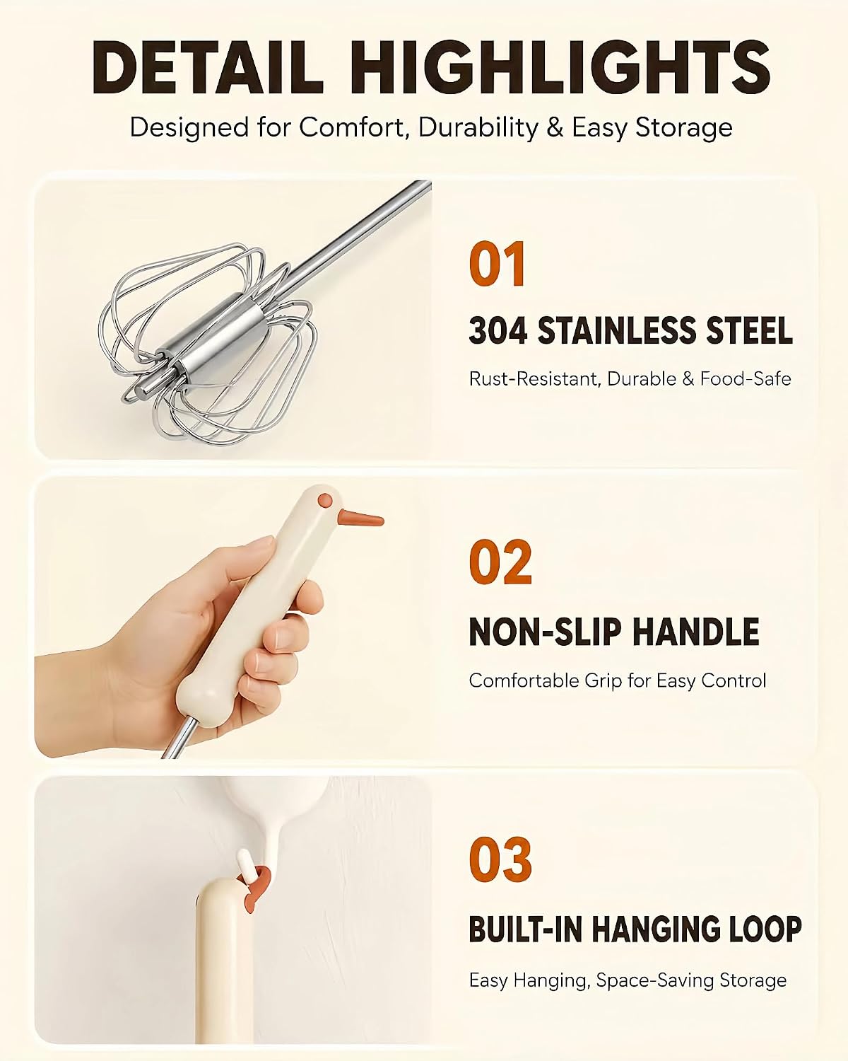 2 PC Semi-Automatic Stainless Steel Whisk Set, Push-Down Rotary Egg Beater