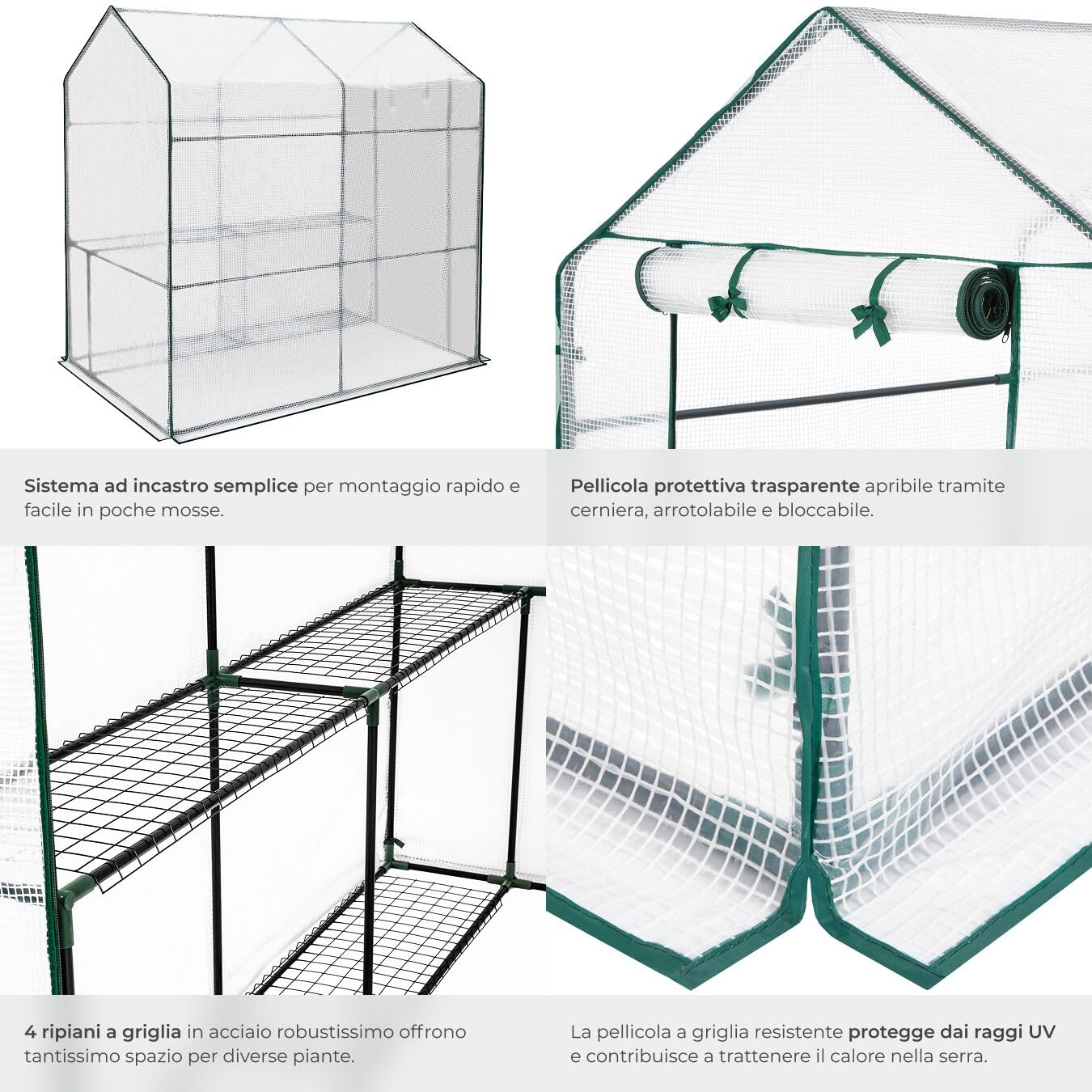 tectake® Serra da Giardino con Telaio in Acciaio, Serra per Orto con 4 Griglie di Appoggio in Metallo, Pellicola Retinata in Propilene, Comoda Porta di Accesso, Resistente ai Raggi UV - Bianco