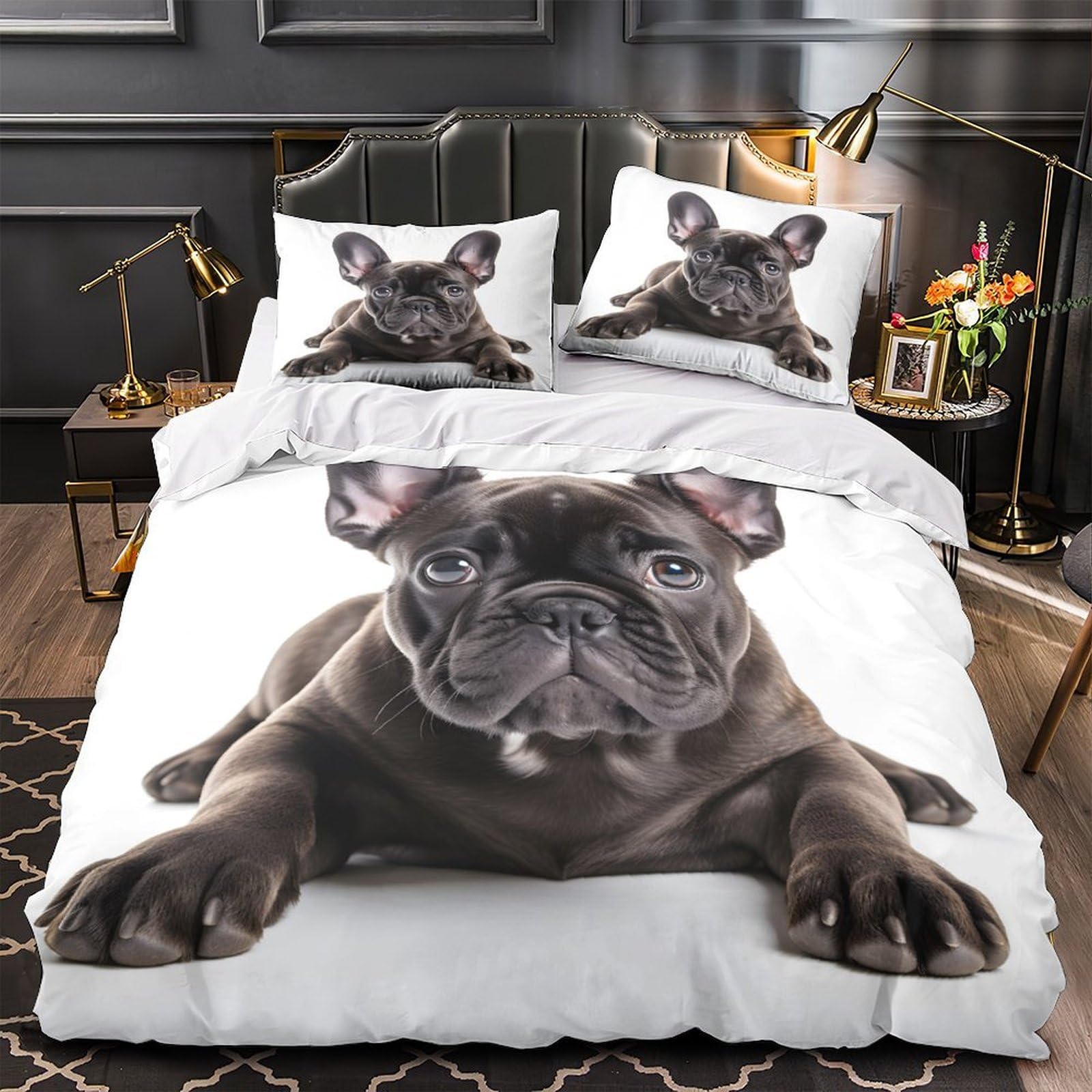 Housse de couette Bouledogue Français 220x240 en microfibre avec 2 taies d'oreiller pour lit King