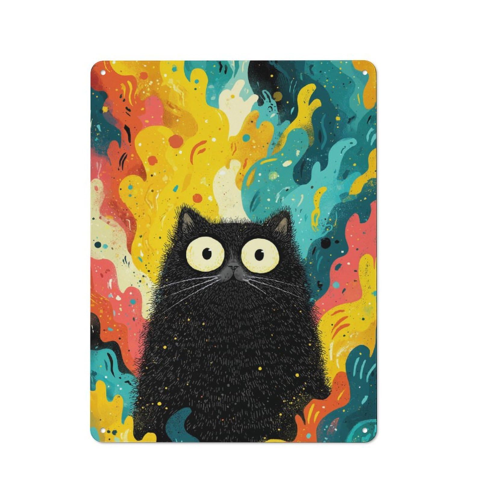 Classic Fluffy Black Cat with Colorful Background Metal Wall Plaque 40x30cm, Nostalgic Wall Art for Living Room, Hallway, Kitchen Or Cafe