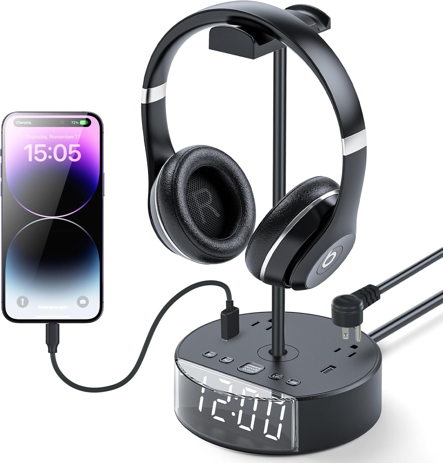 Headphone Stand with Alarm Clock, Gaming Headphone Stand for Desk,Headphone Holder with 2 USB Charging Ports and 2 Power Outlets,Headset Stand Suitable for All Earphone Accessories