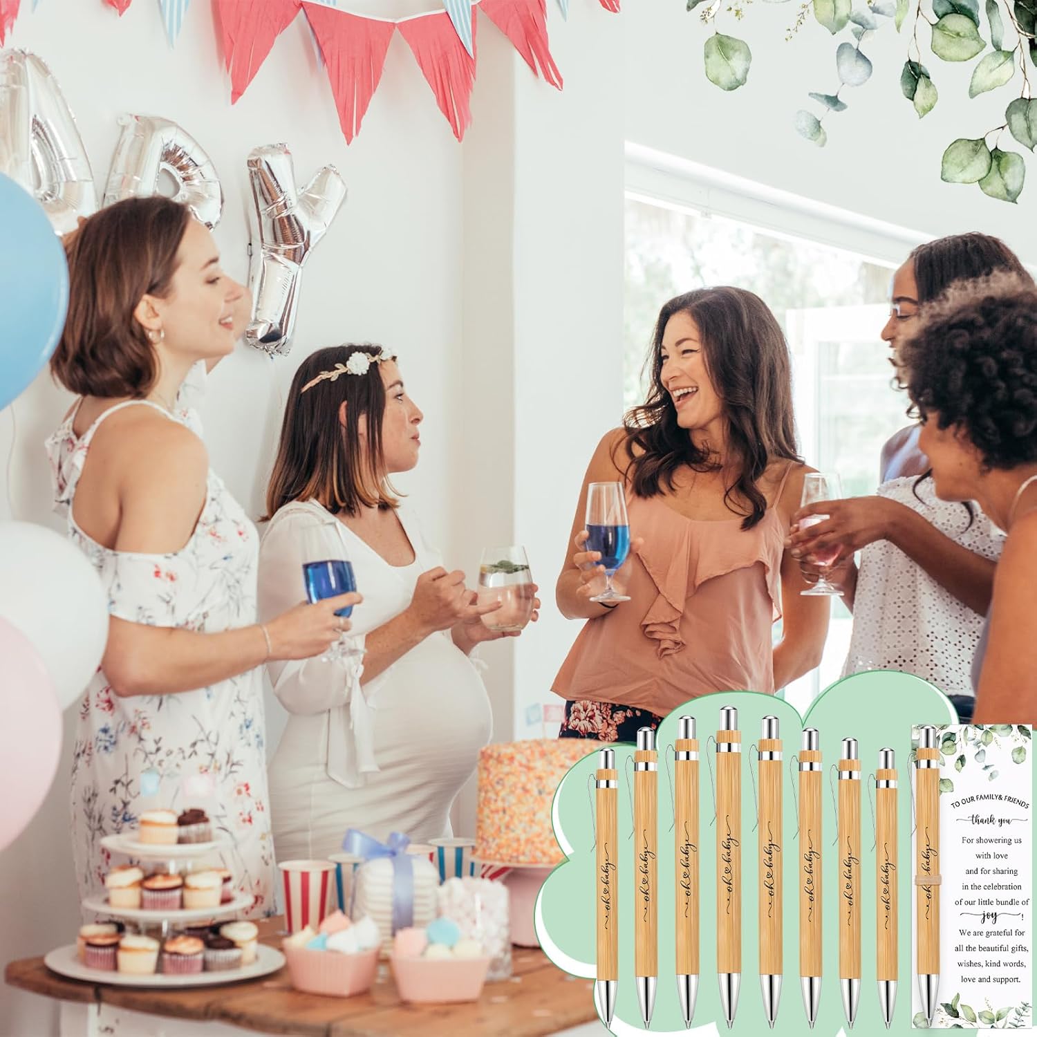 Yeaqee 100 Sets Greenery Baby Shower Pen Gifts for Guest Greenery Woodland Baby Shower Favors Retractable Pens Bamboo Pens Gender Reveal Greeting Cards Souvenirs Prizes