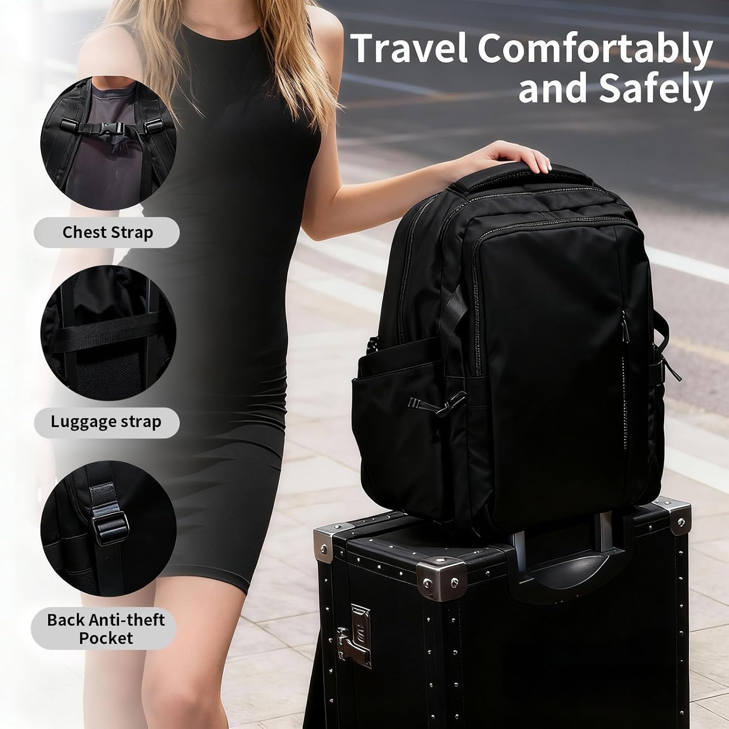 Travel Backpack for Women Men Carry on Backpack, Airline Approved Large Travel Bag Flight Approved Personal item, 15.6 Inch Laptop Backpack Casual Daypack for Weekender Business Hiking-BLACK