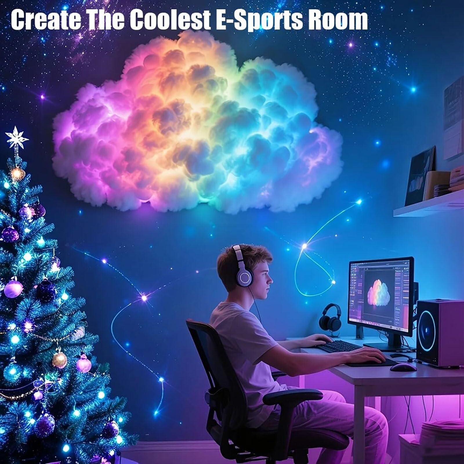 Lámpara de Nube de Tormenta LED 3D, USB, Multicolor | Algodón 3D, sincronización musical, modos ajustables. Ideal para juegos, Halloween o dormitorios.(800cm/314.96in)
