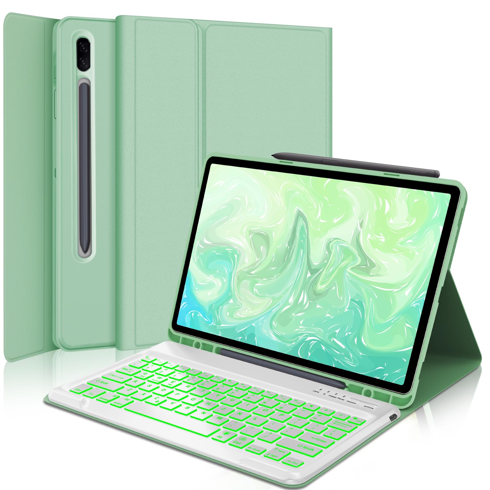 Keyboard Case for Samsung Galaxy Tab S7 FE/S8 Plus/S7 Plus 12.4 Inch, 7-Color Backlit, Smart Magnetic Detachable Wireless Bluetooth Keyboard, Slim Protective Cover with S Pen Holder, Auto Sleep/Wake