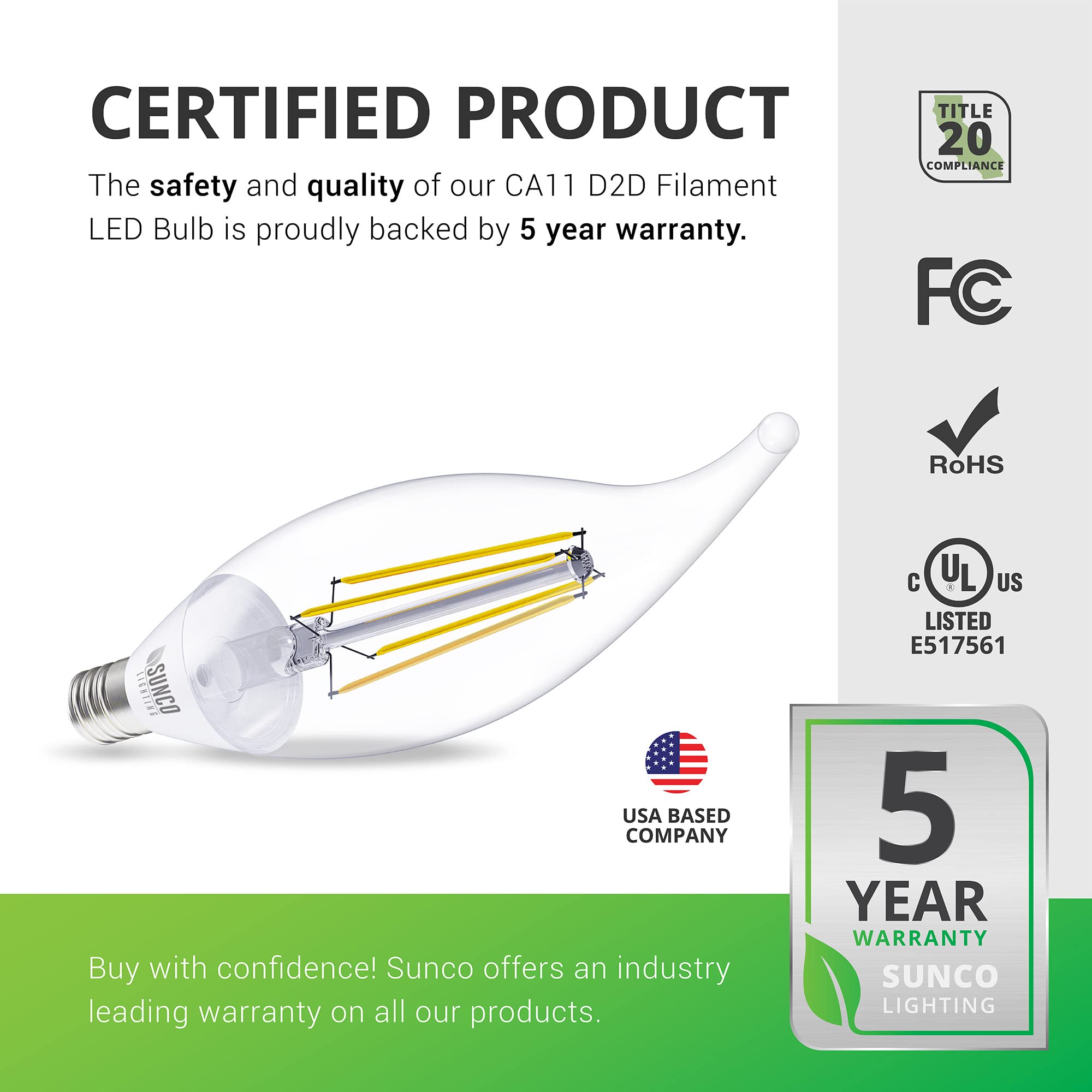 Sunco 10 Pack Dusk to Dawn Candelabra Light Bulbs Outdoor CA11 LED, 5W