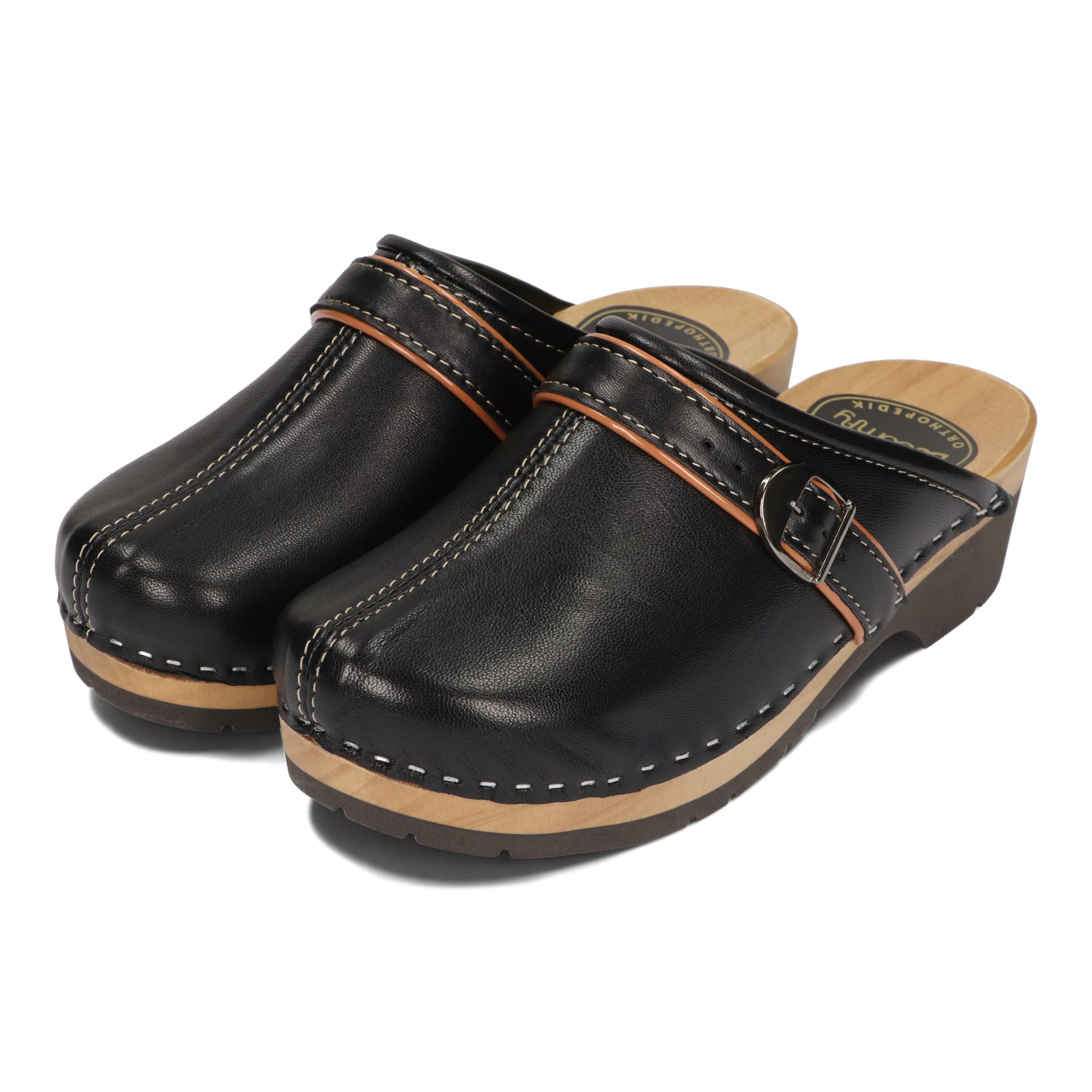 BeComfy Sabots en Cuir pour Femmes avec Semelle en Bois Noir Bleu 35-41 EU