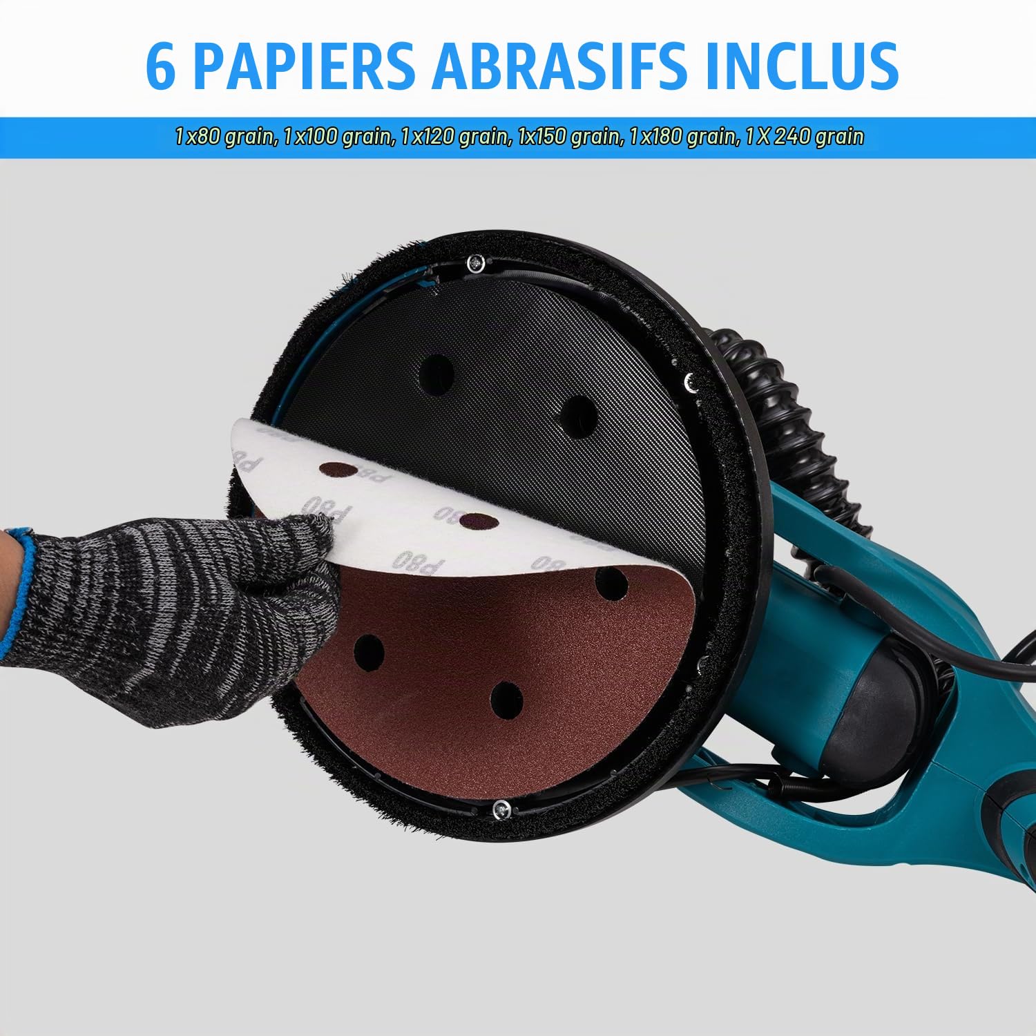 KATSU Tools Ponceuse Électrique pour Cloisons Sèches 800W avec Poignée Télescopique Pliable, Aspiration Automatique de la Poussière, Lumière LED, Vitesse Variable, dans un Étui