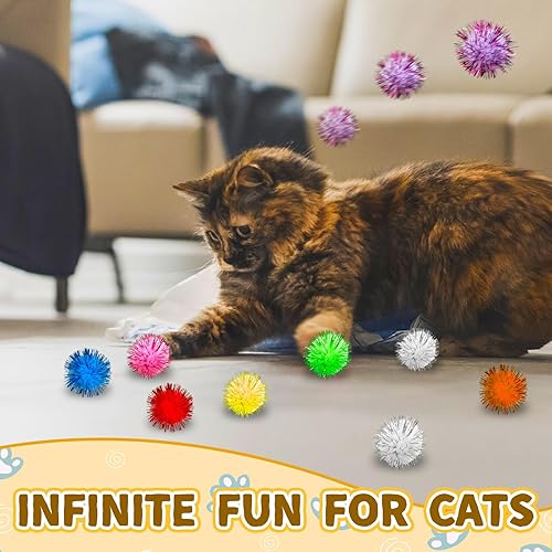 Miniatura 5 de Pelotas de juguete para gatos con juego de lanzadores, 2 lanzadores de juguetes para gatos y 100 bolas de pompones de gato con purpurina, juguete