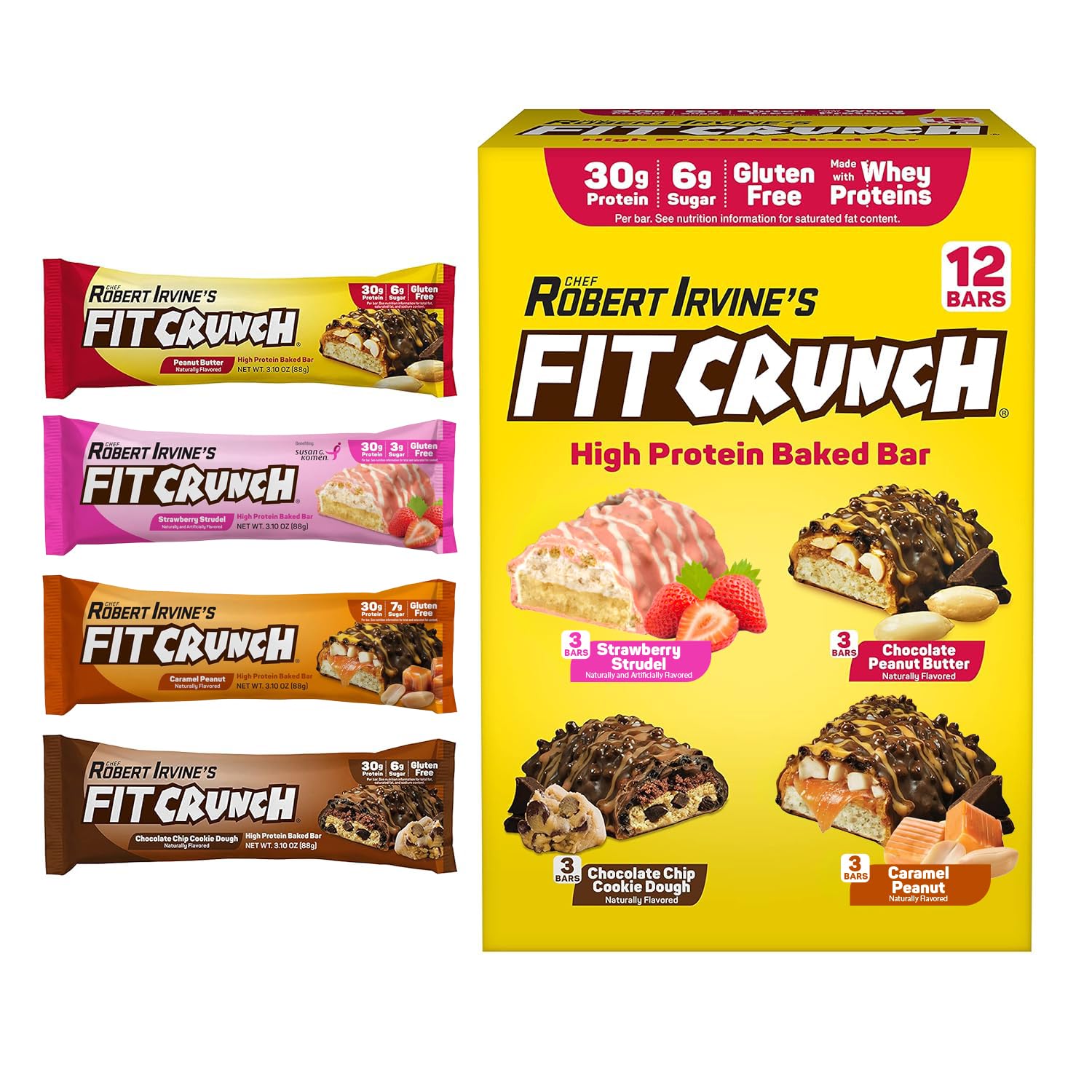 FITCRUNCH Full Size Protein Bars, 6-Layer Baked Bar, 6g of Sugar, Gluten Free & Soft Cake Core (12 Bars, Variety Pack)