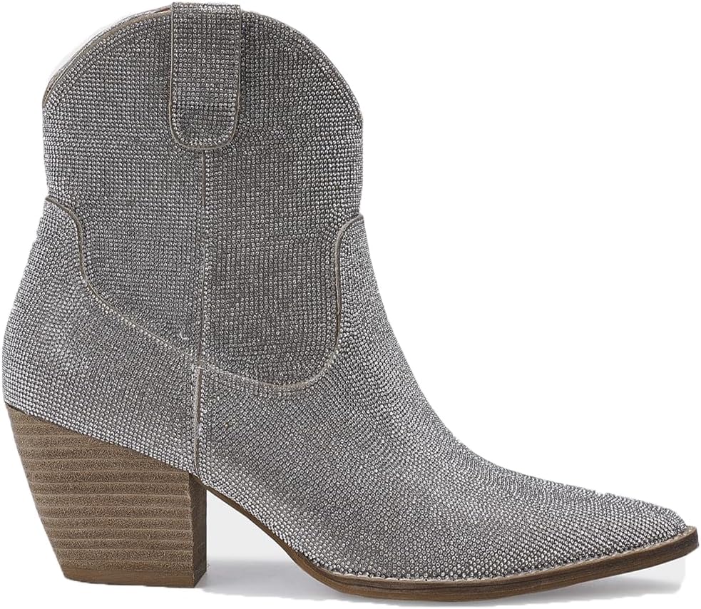 Women's Rhinestone Ankle Boots Cowboy Boots Stacked Block Heel Boots Cowgirl Boots Side Zipper Pointed Toe Boots
