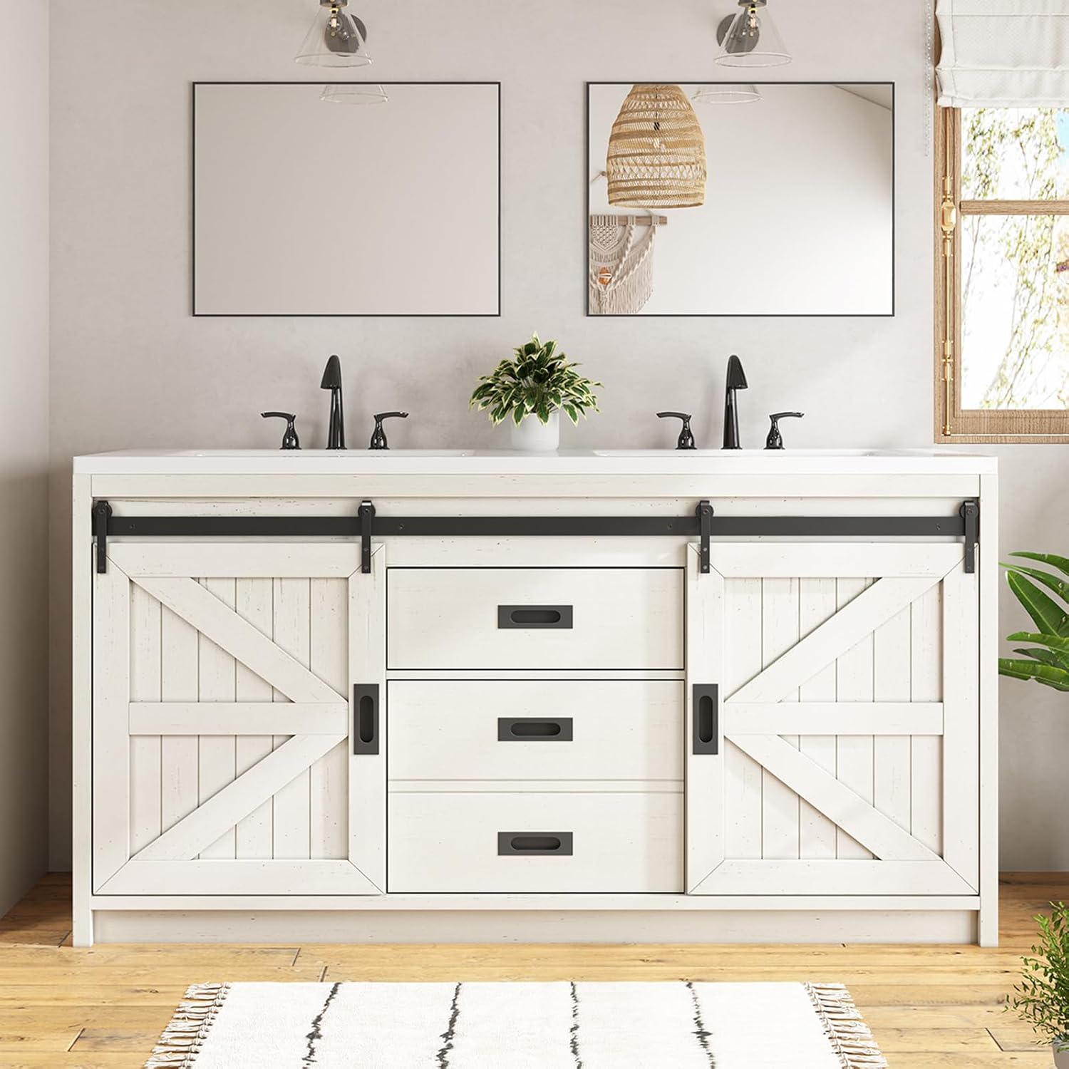 LUXOAK 60" Farmhouse Sliding Barn Door Double Vanity with Sink Combo, Freestanding Bathroom Vanity Cabinet with Drawers & Metal Handles, Distressed White