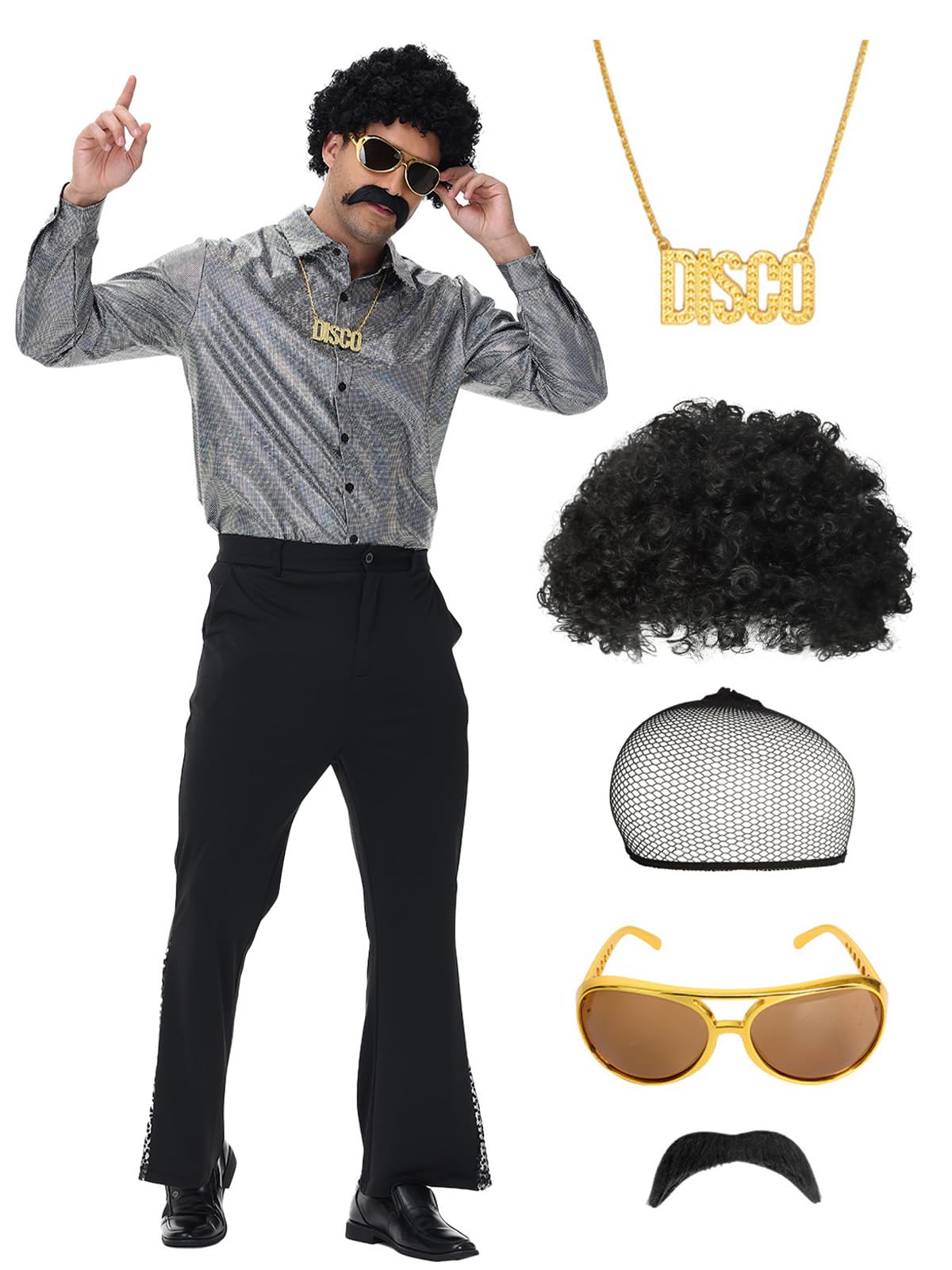 70s Outfits for Men, 7Pcs Disco Costume Include Retro Shirt Bell Bottom Pants Wig Sunglasses Necklace Wig Cap for Disco Party