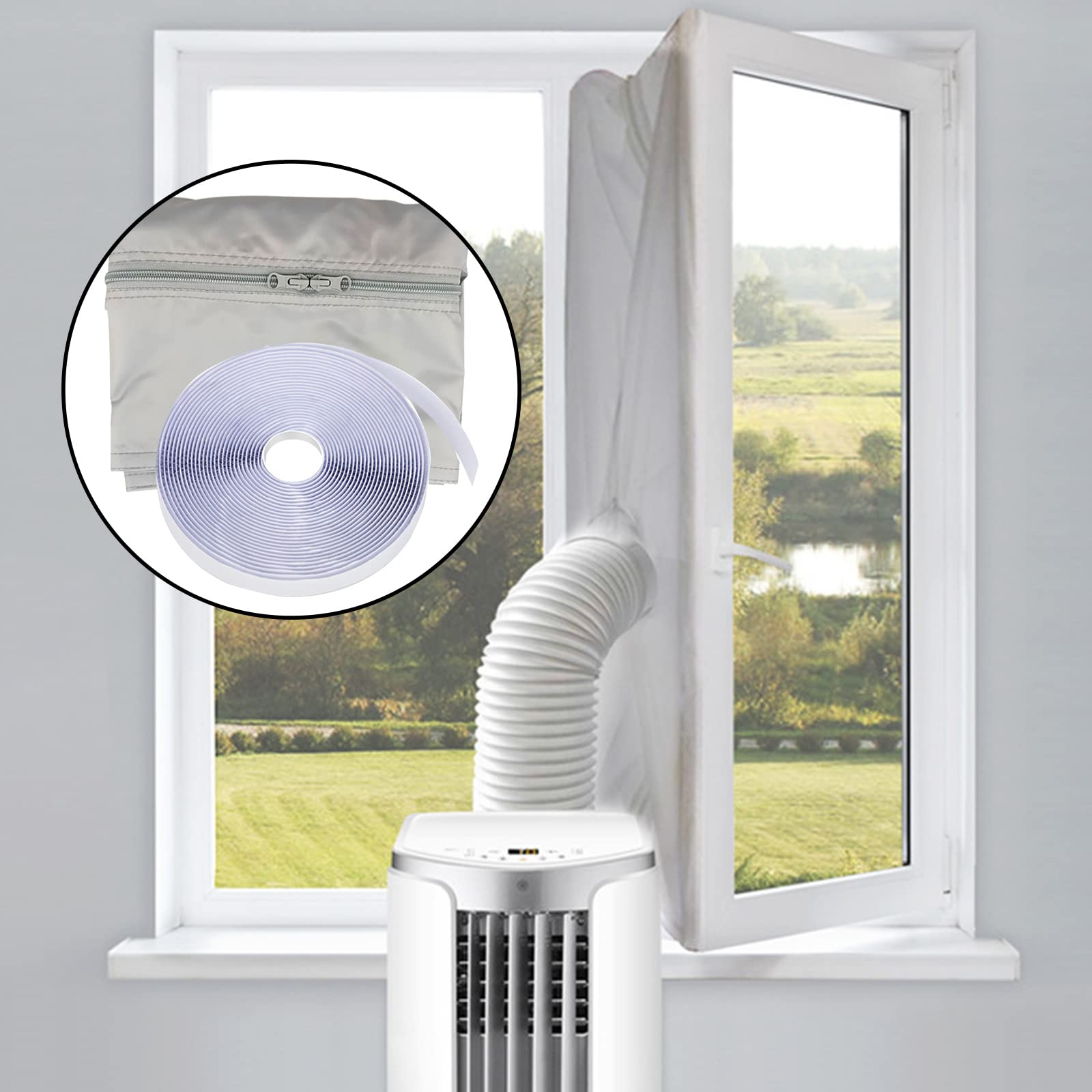 Window Seal for Mobile Air Conditioners, Waterproof Air Conditioner Window AC Seal with Zip & Tape Kit for Hot Air Stop, Works with Portable Air Conditioner And Tumble Dryer (400cm)
