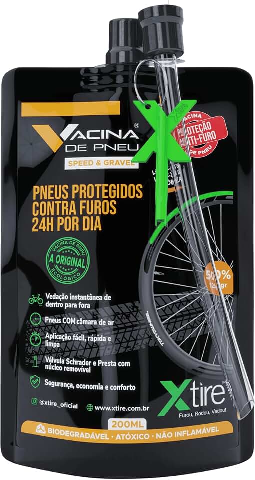 Xtire Vacina de Pneu Speed & Gravel, Selante Antifuro para Bicicleta, Fórmula Líquida Biodegradável, 200ml, Aplicação para 2 Pneus