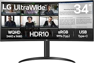 LG UltraWide™ 34WR55QK-B 34" Ultra Wide PC Screen - VA Panel QHD (3440 x 1440), 5ms GtG 100Hz, HDR 10, sRGB 90% (CIE1931), Tilt, Height Adjustable, Portrait Mode