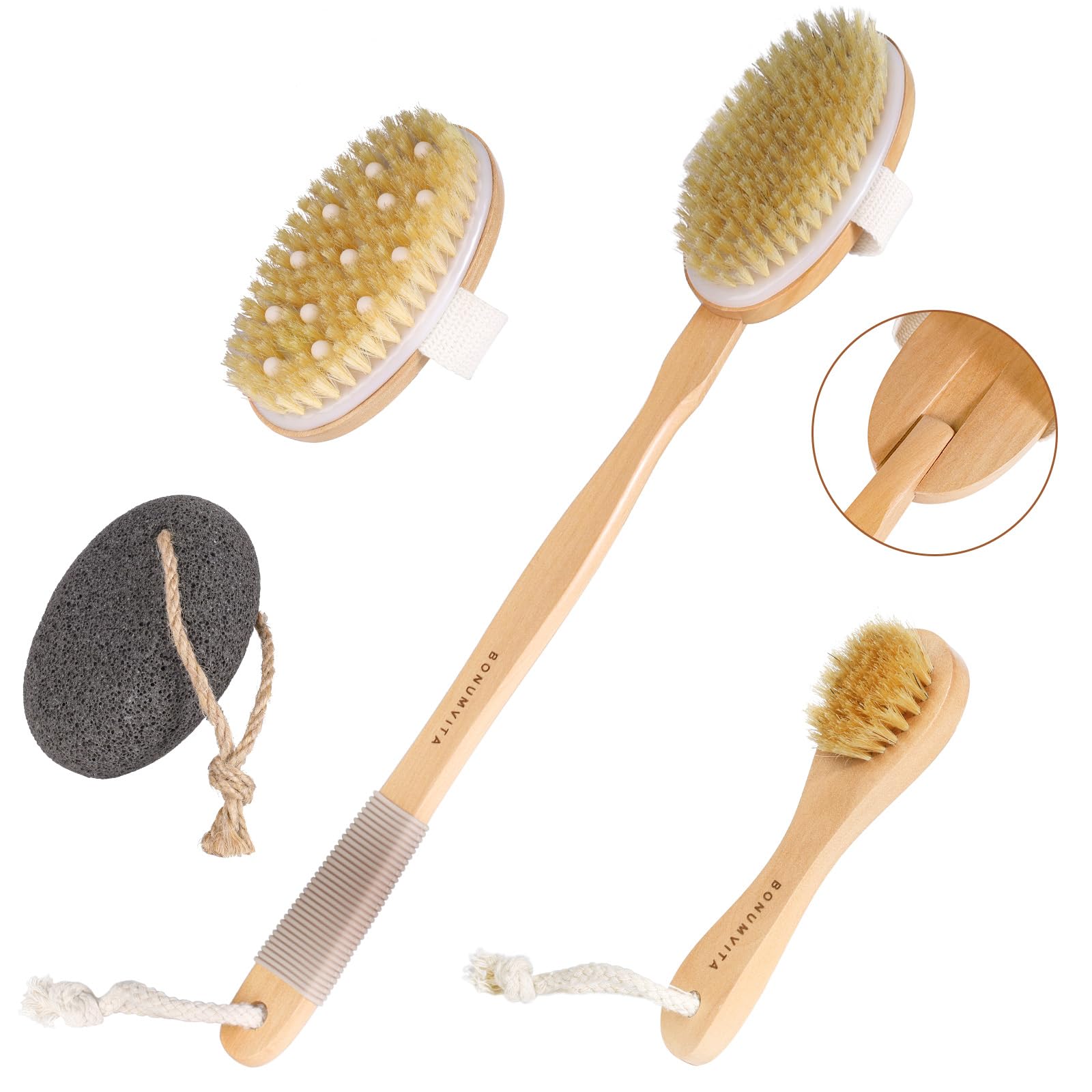 BONUMVITA Dry Brushing Body Brush Set- Wooden Long Handle Body Brush Set with Pumice Stone & Face Brush, Boar Bristle Body Bath Scrubber Brush for