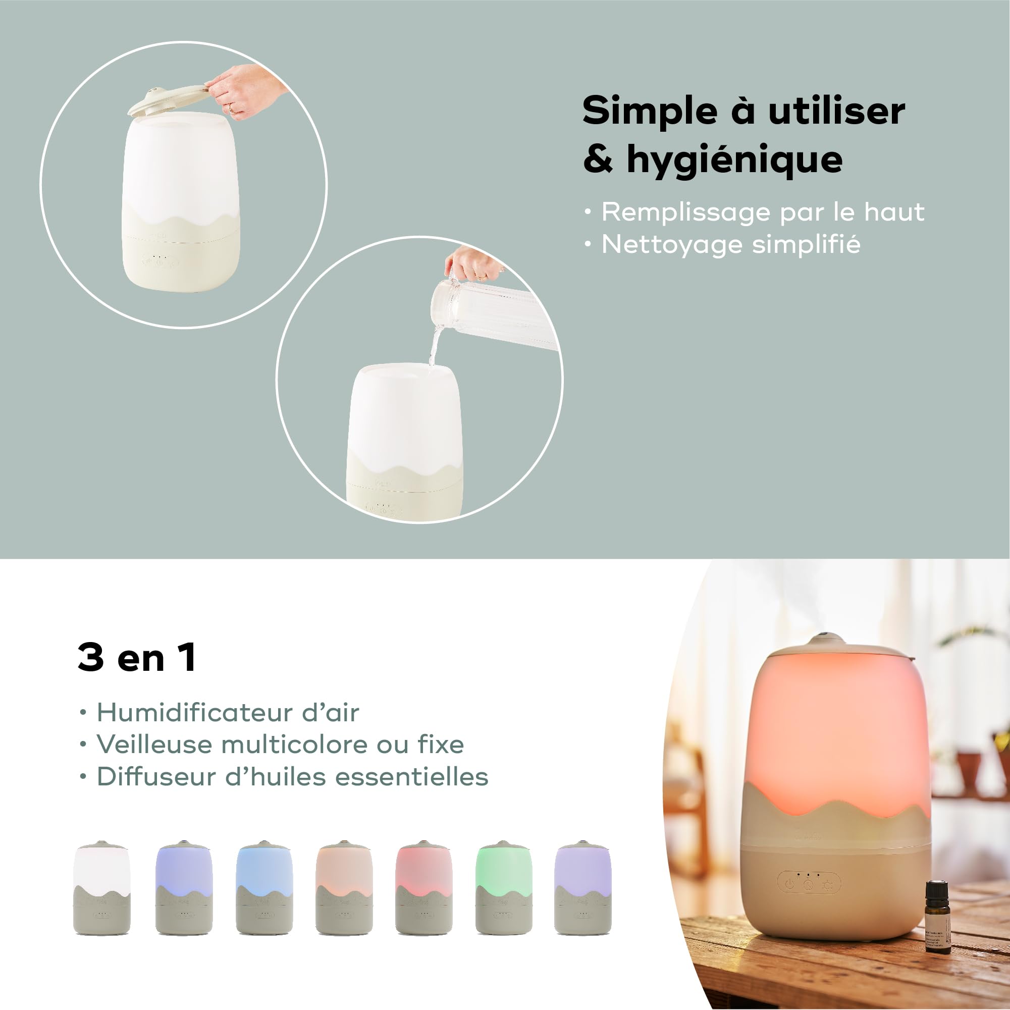 Babymoov Humidificateur d'air Wave - Vapeur Froide - Longue Autonomie Jusqu'à 26h (4L) - Minuterie 2, 4, 8h - Arrêt Auto Buse 360°- Simple d'Utilisation - Veilleuse Multicolore - Silencieux