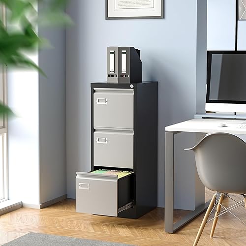 Miniatura 2 de Archivador de 3 cajones, archivadores para oficina en casa, gabinete de almacenamiento vertical de metal con cerradura, archivador de bloqueo para