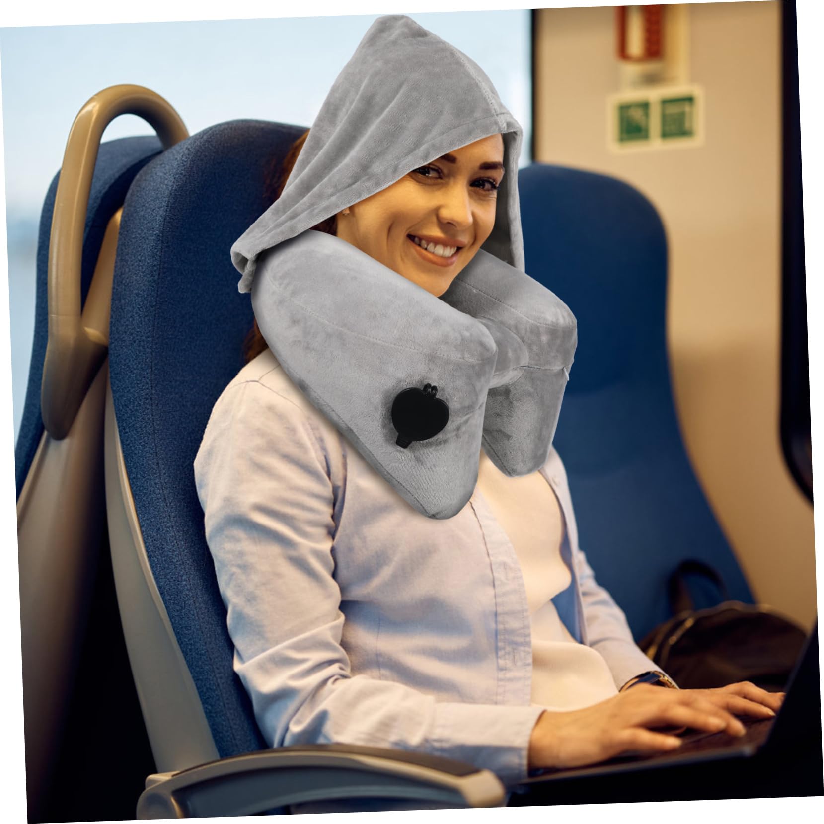 UKCOCO Almohada De Viaje Inflable Cuello con Capucha Soporte Cervical para Viajes Avión y Coche Almohada Hinchable Cómoda