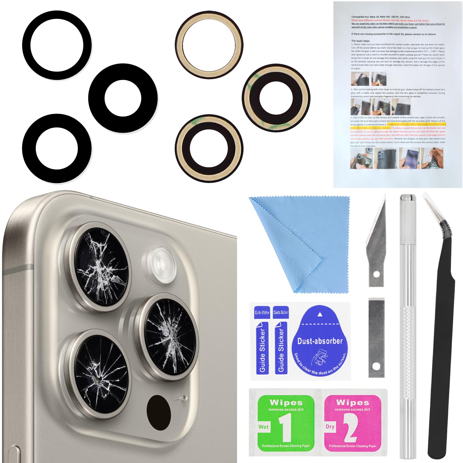 ASDAWN Back Rear Camera Lens Glass Replacement for iPhone 16 Pro 6.3 inches and iPhone 16 Pro Max 6.9 inches Camera Lens replacement with Pre-Installed Adhesive + Repair Tool Kit + Installation Manual