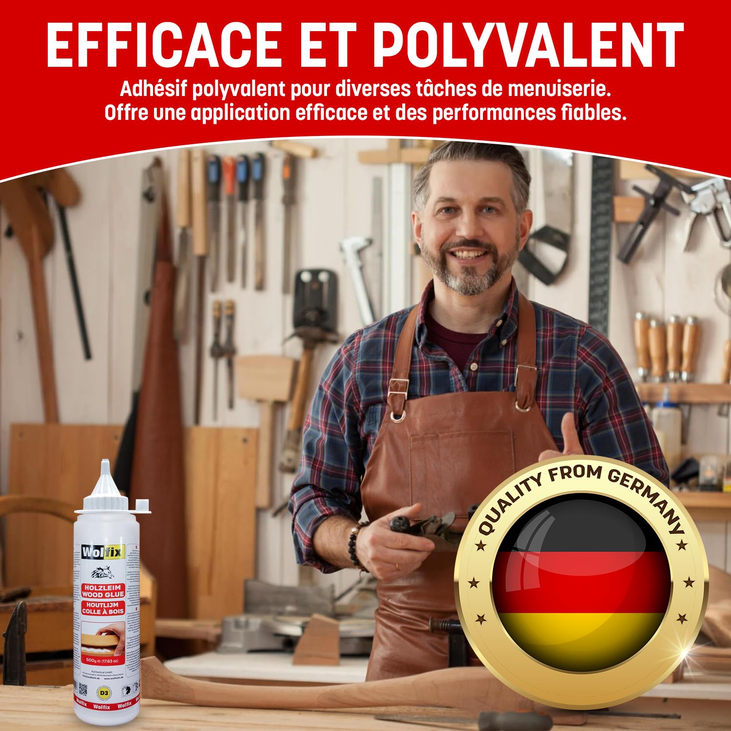 Wolfix Klej do drewna, 500 g, D3 PVA PVAc, wodoodporny klej do drewna, uniwersalny klej do wszystkich gatunków drewna