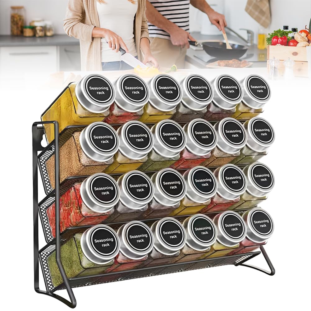 KOBONA Spice Rack Wall Mounted, 4 Tier Spice Rack Free Standing Spice Rack Organiser Condiment Storage Rack for Kitchen Pantry, Countertop/Wall Mount - Holds 24 Spice Jars (No Jars Included)