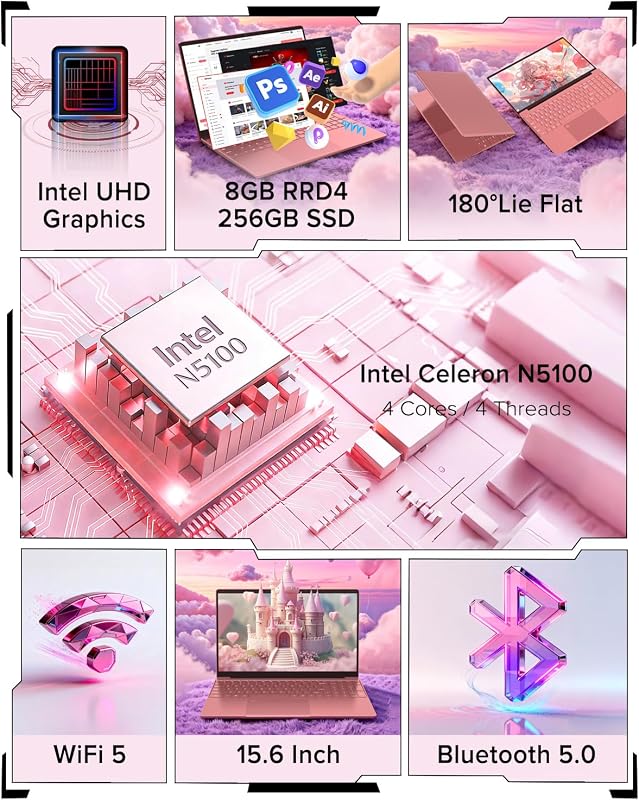 2026 Latest Laptop Computer Notebook,15.6" IPS FHD Display,8GB RAM 256GB SSD,Celeron N5100 Processor,WiFi5,BT5.0,USB3.0,Backlit keyboard,Fingerprint for Business Home Office and Students,Rose Gold image 3