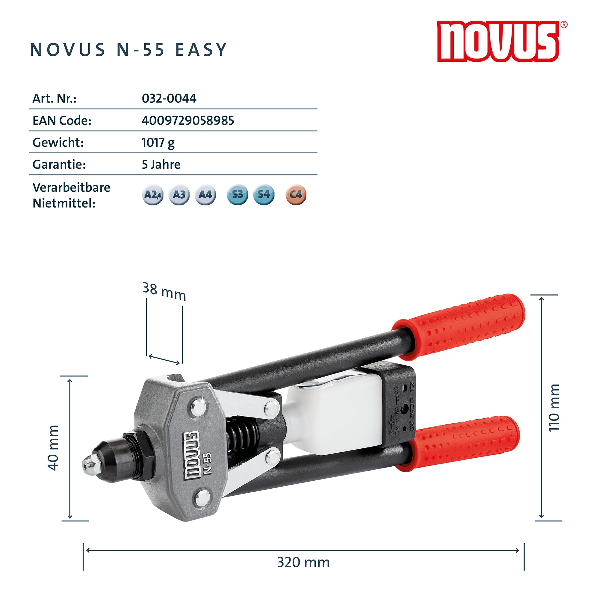 Novus N-55 Easy, szczypce do nitów zrywalnych z aluminium i stali, obsługa jedną ręką, szczypce do nitów aluminiowych, nitów stalowych, nitów miedzianych