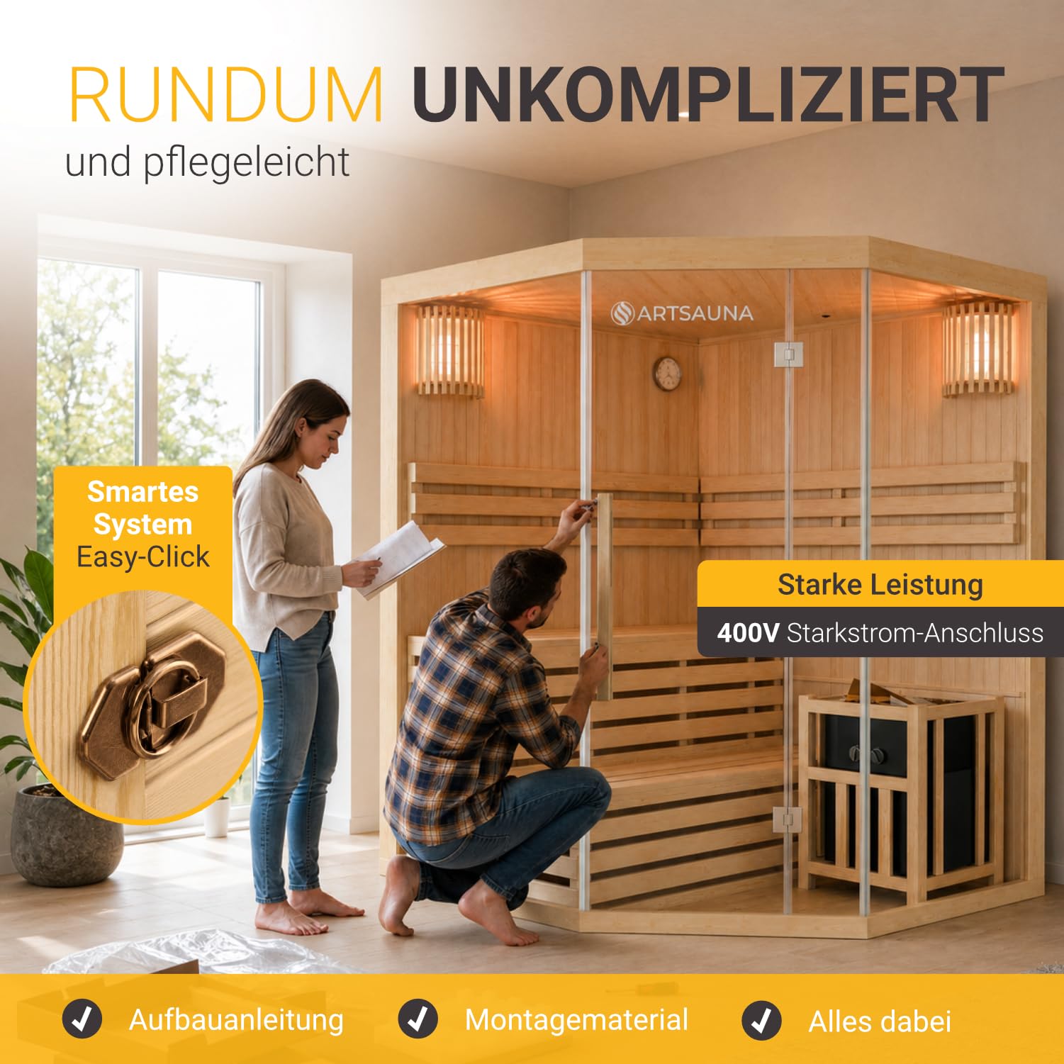 Artsauna Kabina do sauny Espoo150 Premium z piecem Harvia - 3 osoby - drewno hemlock, szklany front i światło LED - z termometrem i klepsydrą - kompletny zestaw