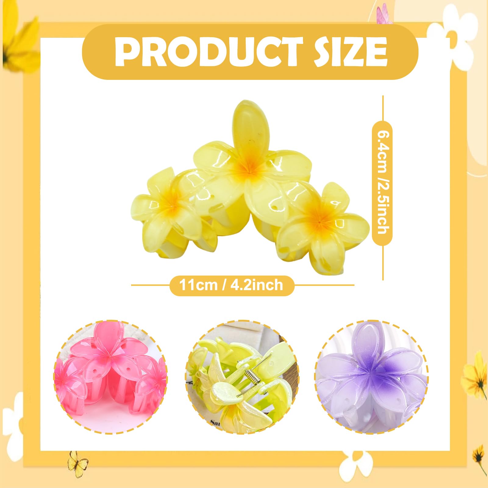 YONEEKSS 4PCS Flower Hair Claw Clips, Strong-Hold Hawaiian Plumeria Hair Clips for Women Girls Claw Clips for Thick Medium Hair - Image 3