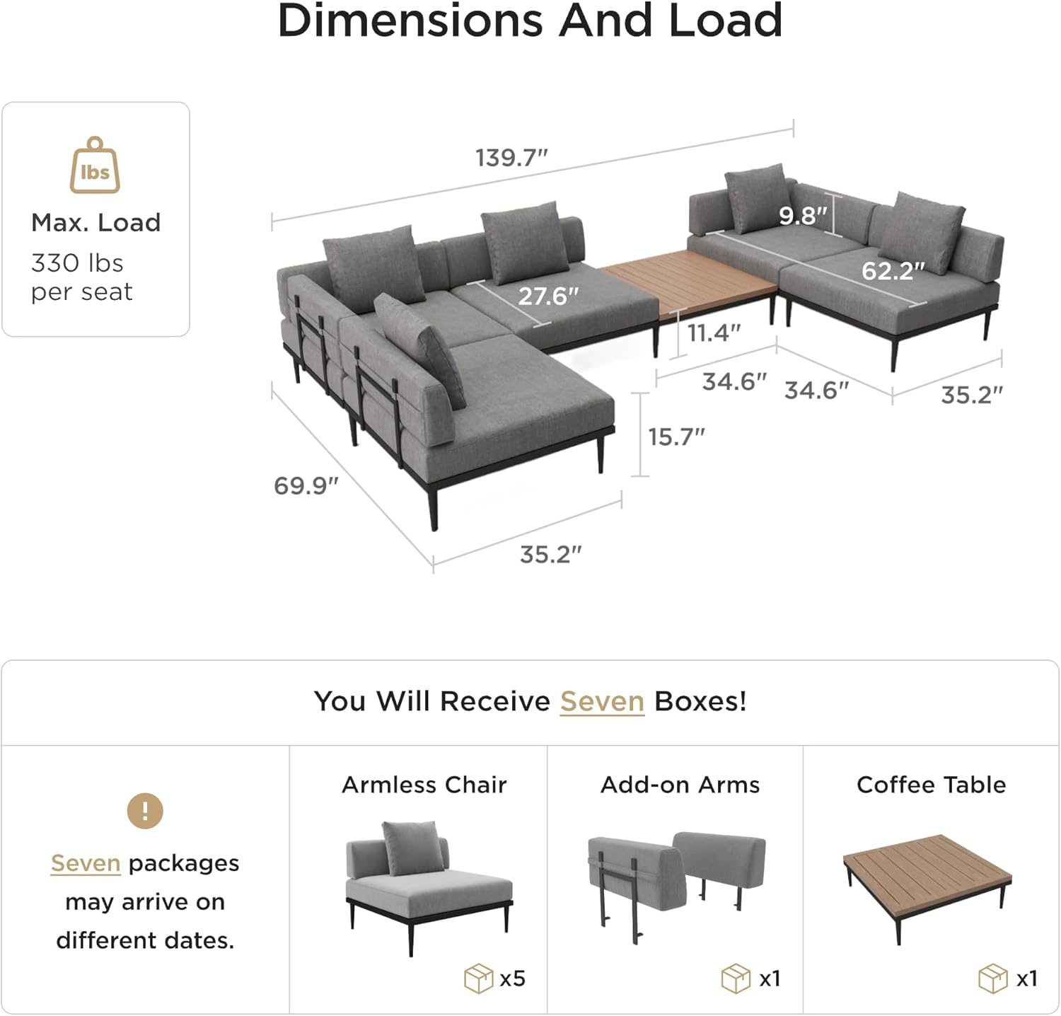 Acanva Modular Outdoor Patio Sectional Sofa, All-Weather Free Combination L-Shaped Balcony Couch, Grey, 5 Seater + 1 Coffee Table