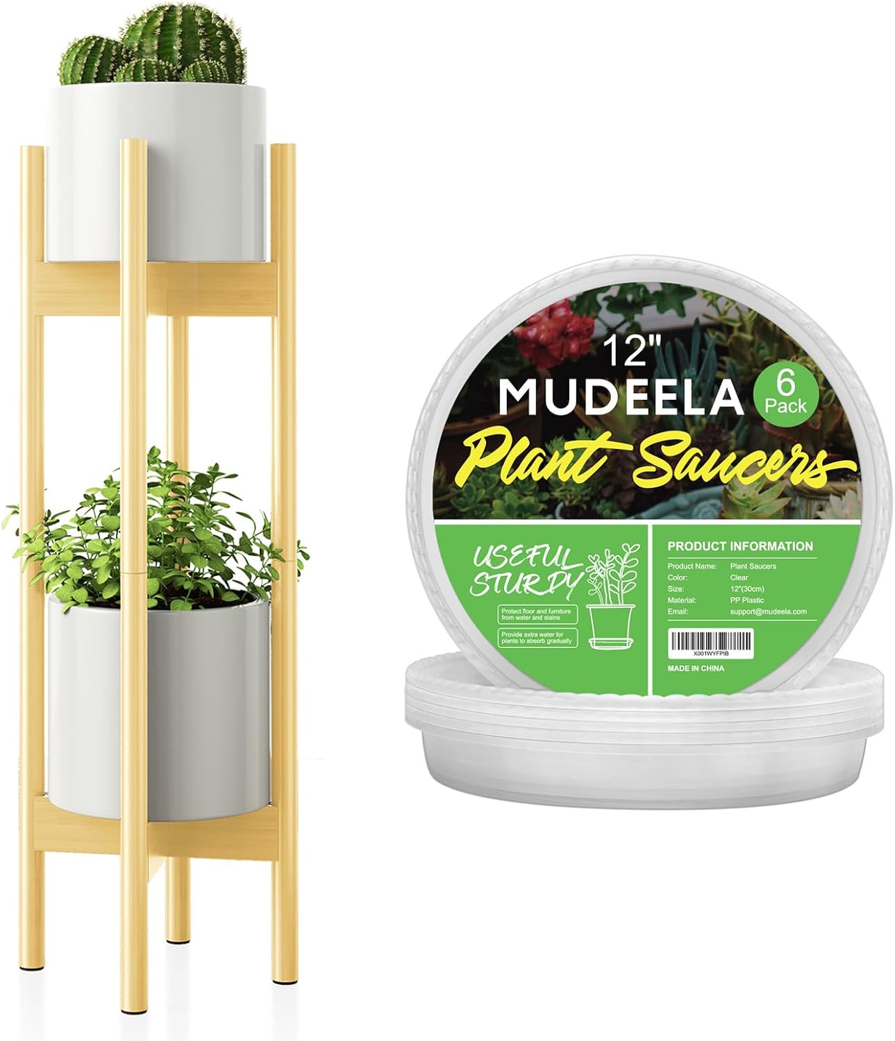 MUDEELA Plant Stand Natural 2 Pack or 2 Tier and 12" Plant Saucers 6 Pack