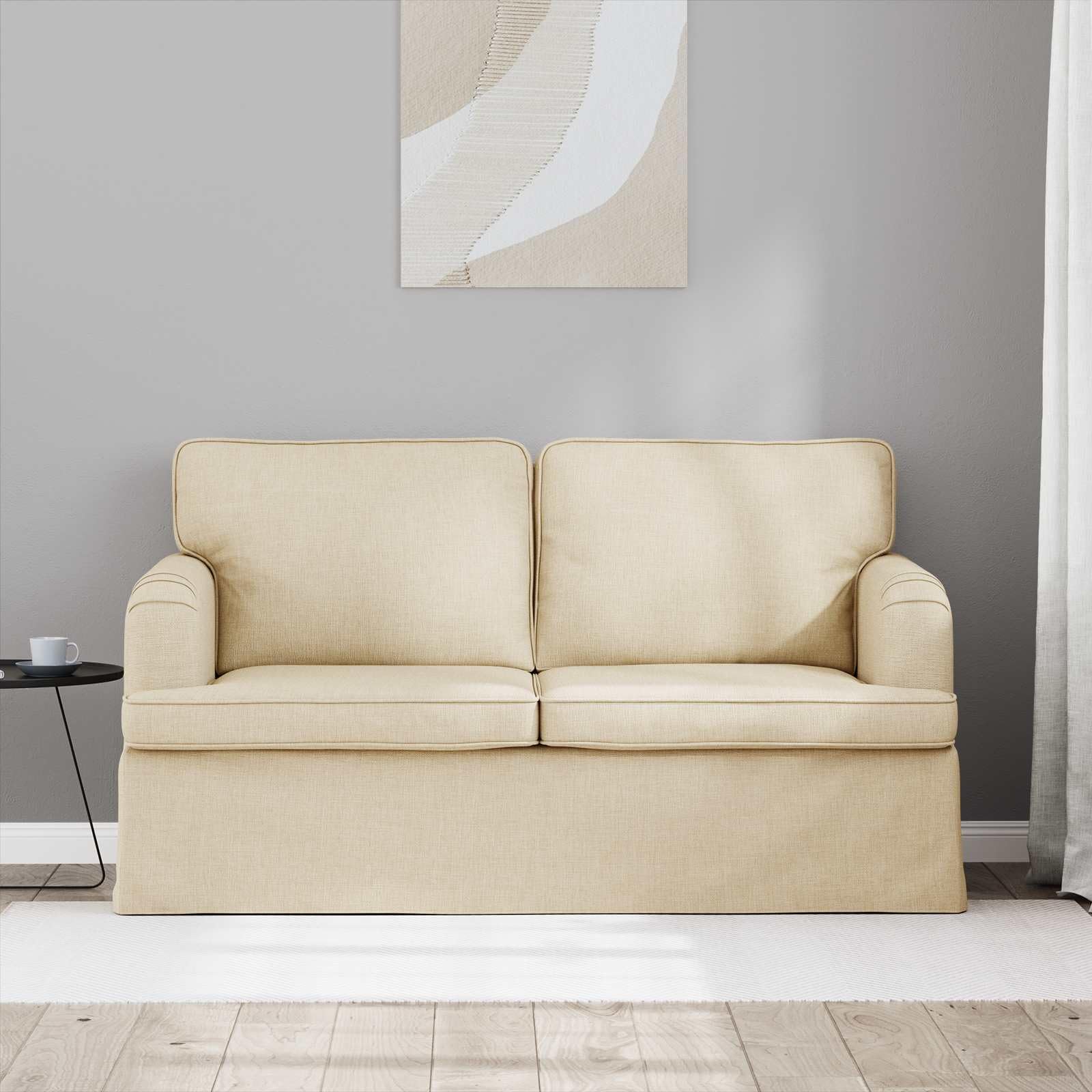 Mini Sofa 144x80x85 cm Creme mit Schwarzen Beinen Stoffbezug Ergonomisches 2-Sitzer Couch für Living Room Bedroom Erstwohnung Modernes Design Robustes Metallgestell