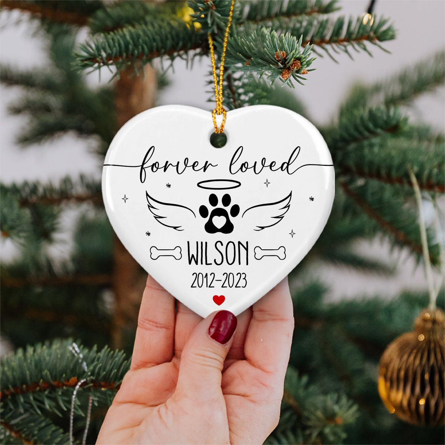 Forever Loved Pet Memorial Ornament Personalized with Name and Date, Dog Paw Angel Wings Christmas Ceramic Ornaments, Custom Name Pet Remembrance Ornament for Dog Lover, Christmas Tree Decorations