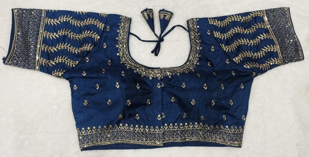 Pujia Mills Women's Indian Ethnic Wear Designer Golden Zari Embroidery With Sequence Diamond Work Round Neck Half Sleeve Readymade Aari Work Saree Blouse Bridal Readymade Blouse Morpeach Lehenga Choli