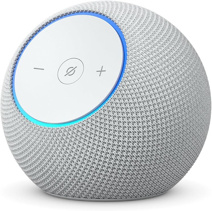 A grey and white smart speaker