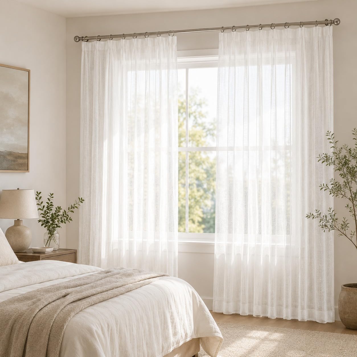 IDOL Leinenoptik Gardine Weiß mit Kräuselband Bleiband – Halbtransparenter Vorhang für Gardinenschienen Schienensysteme, Lichtdurchlässig mit Sichtschutz, für Wohnzimmer Schlafzimmer(HxB 240x300 cm)
