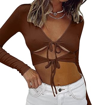 Women Cutout Tie Up Crop Top Long Sleeve V Neck Solid Color Cute Women Cutout Tie Up Crop Top Long Sleeve V Neck Solid Color Cute