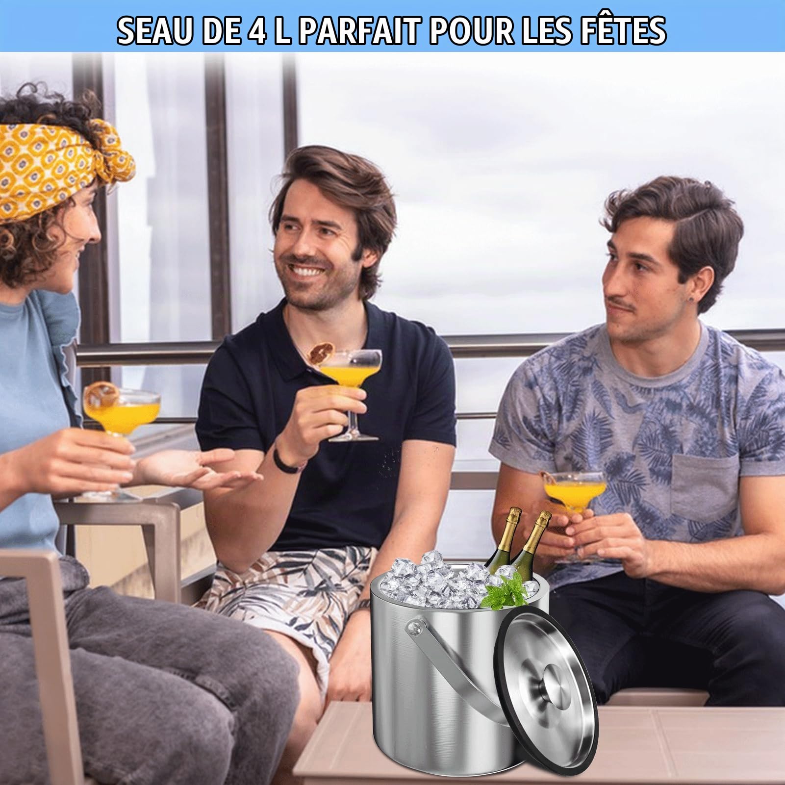 Seau à Glace en Acier 4L Seau à Glace Isotherme Double paroi | Seau à Champagne Inoxydable avec Couvercle, Pince à glaçons Pelle Passoire, Rafraîchisseur pour Champagne Vin Boissons Bière