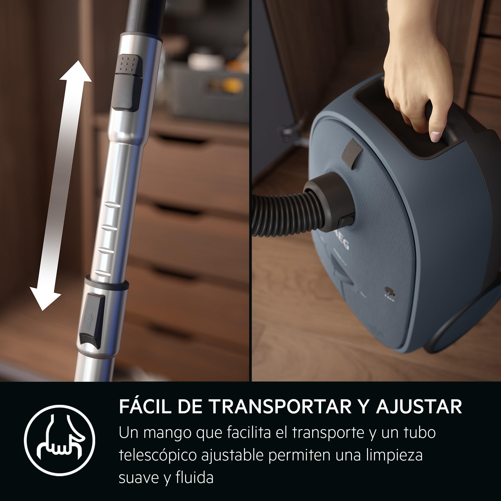 AB61C1OKO Aspiradora Trineo con Bolsa, 850 W de Potencia, 3.5 L de Capacidad, Radio de Acción 12 m, Ruedas XL, Filtro Lavable, Cepillo Parketto, Boquilla 3 en 1, Incluye 1 Bolsa, Modelo ÖKO, Azul