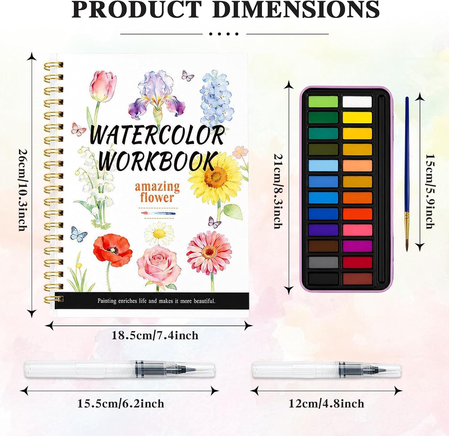 Watercolor Workbook - Water Coloring Book Set for Adults. 14 Beautiful Flower Designs Water Colors Book, 24-Color Watercolor Paint, 3 Brush Pens, 300g Watercolor Paper, Friendly for Beginners